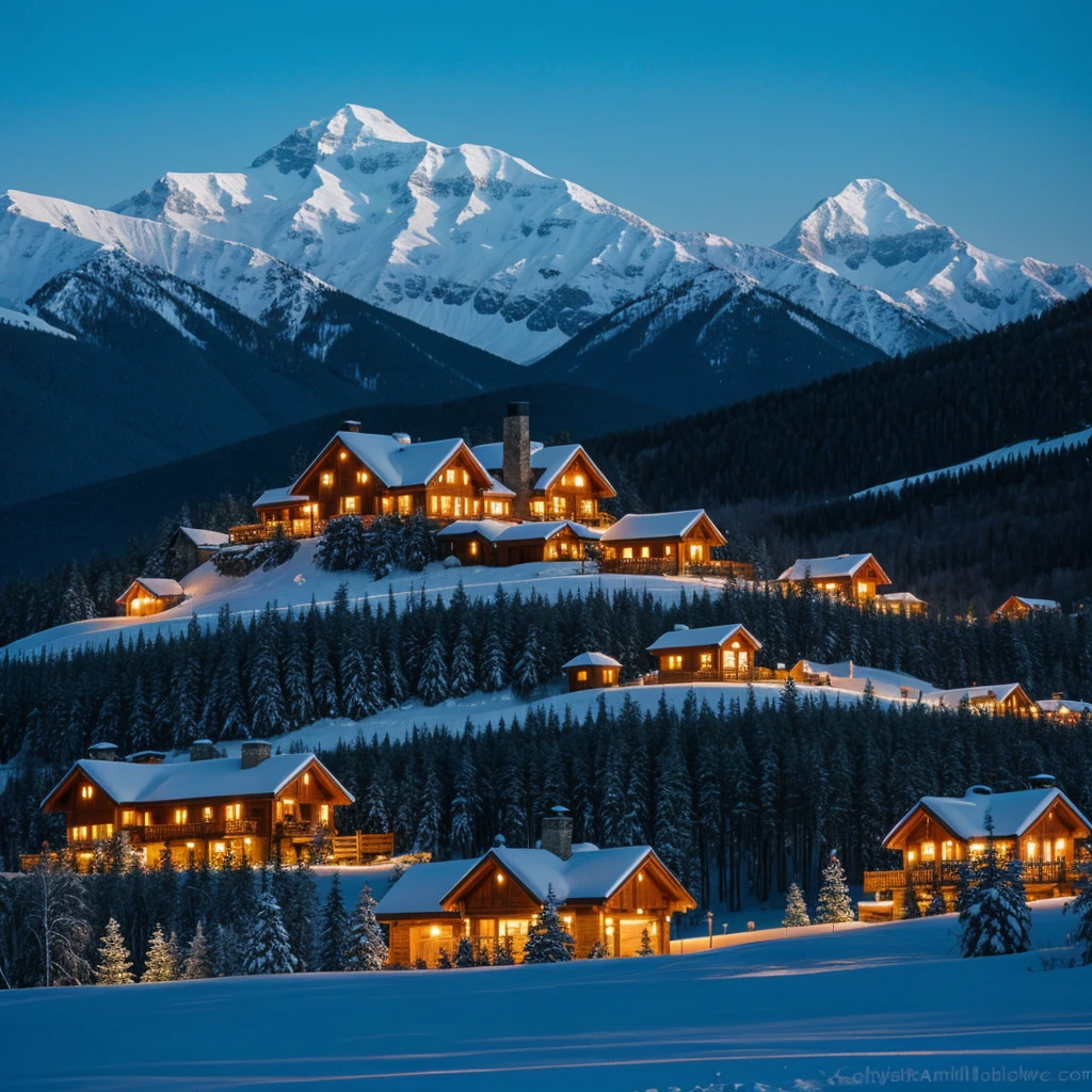 Snowy mountain landscape at night with beautifully decorated southern houses on the mountain