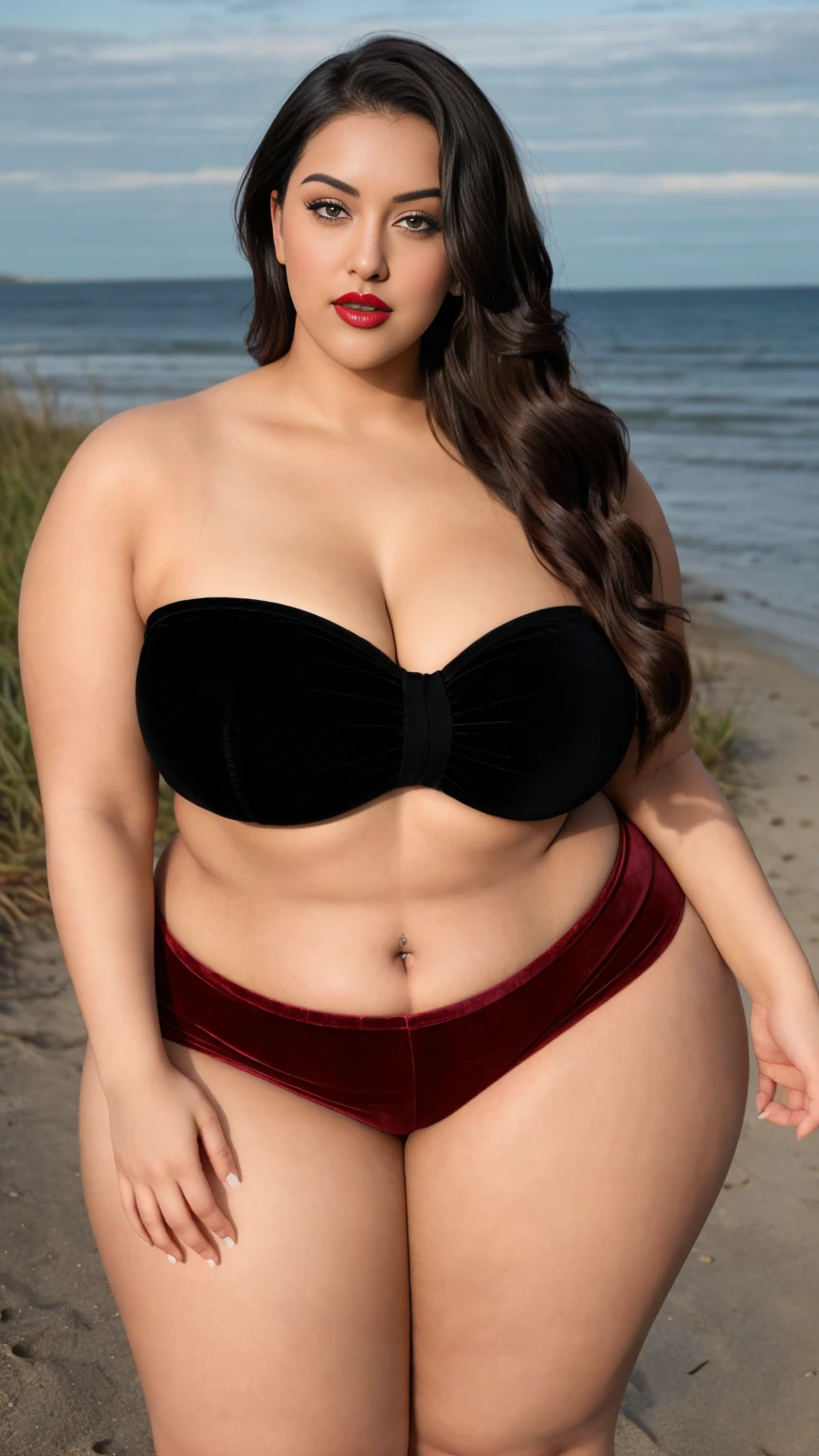 there is a Indian gorgeous American curvy plus size model Natalia Lozano in a red velvet shorts and black velvet cropped top and red lipstick standing in the roadside of a sea beach , angelawhite, alluring plus sized model, bbwchan, bbw, thicc, curvy model, full body, malika favre, a full body image of a plump woman, thick thighs, bigger hips, bigger waist, busty, beautiful thick female, close up full body shot, sexy girl, 30 years old, curvy, full body shot,