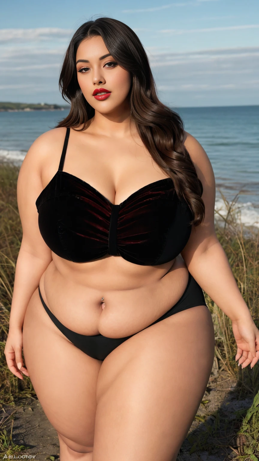 there is a Indian gorgeous American curvy plus size model Natalia Lozano in a red velvet shorts and black velvet cropped top and red lipstick standing in the roadside of a sea beach , angelawhite, alluring plus sized model, bbwchan, bbw, thicc, curvy model, full body, malika favre, a full body image of a plump woman, thick thighs, bigger hips, bigger waist, busty, beautiful thick female, close up full body shot, sexy girl, 30 years old, curvy, full body shot,