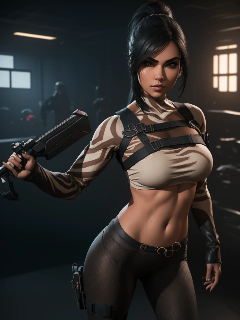 (full body portrait, 1 girl, looking at viewer, highly detailed, anatomy correct:1.4), tactical gear, coffee knee boots, (athletic body:1.3), coffee leggings, jewelry, black hair, ponytail hair, ski mask, (perfect face and hands:1.4), ((Best quality, masterpiece, Very beautiful woman)), Depth-of-field, Multi-layered textures, HDR (High Dynamic Range), Ray Tracing, NVIDIA RTX, Unreal 5, Subsurface scattering, PBR Texturing, Post-processing, Anisotropic Filtering, Maximum clarity and sharpness, Wide aperture, Low ISO, White balance, Rule of thirds, 8K RAW, (extremely slutty), (Highly realistic skin), sharp image, (extremely high quality artwork), ((no weapons)),