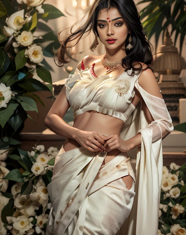  ultra realistic 8k cg, picture-perfect face, flawless, clean, masterpiece, professional artwork, famous artwork, cinematic lighting, cinematic bloom,43yo girl, solo, alluring step mom, beautiful,(sexy Bangladeshi women:1.2)beauty, long eyelashes, hourglass body, juicy lips,light_skin_female,pin up style,sexy smile,Silver  hair, long hair, silky hair, toned legs, long neck, big ,detailed hair, ,detailed breasts, slim waist}, ((hazel colour eyes:1.3)(gorgeous bright neon blue eye makeup and thick black winged eyeliner, peachy matte lipstick) looking into the camera,  
 detailed bangs, (hair between eyes:1.2), detailed eyebrows,
beautiful woman,very sexy appearance, seductive , rosy cheeks, smooth skin, 
huge breasts, smooth face, detailed face, smooth skin,shiny skin,highly detailed  face, detailed face, perfect proportions, well-proportioned body of six heads, huge breasts, thin waist, navel, big butt , crotch gap, large thighs,mature,
(hourglass body:1.3), ultra detailed, best illustrated, showing off, seductive_pose, sexy eyes,,full body portrait,(full body:1.3),wearing (White Cotton Designer Saree:1.5),
(Off-shoulder blouse:1.5)),hand over head,professional photoshot, incredibly beautiful woman in the form of a pornstar, elegant wild beauty and attractiveness, seductiveness and inaccessibility, beautiful, photoshot for Vogue magazines, sensual, ultra detailed, ,mature female,1 girl,cowboy_pose,naughty, (iu:0.8),cleavage, 