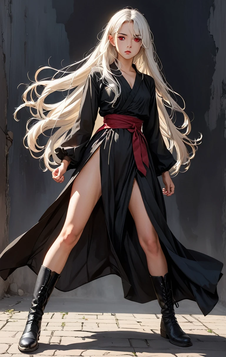 Girl, 20 years old, with long white hair down to below her waist, a serious yet tender expression, and red eyes. Her hair features black streaks. She wears antique-style clothing, a long black dress with a slit on the legs, and high black boots that almost reach her knees. Her power and background are related to shadows and darkness. dark escense, figth stance