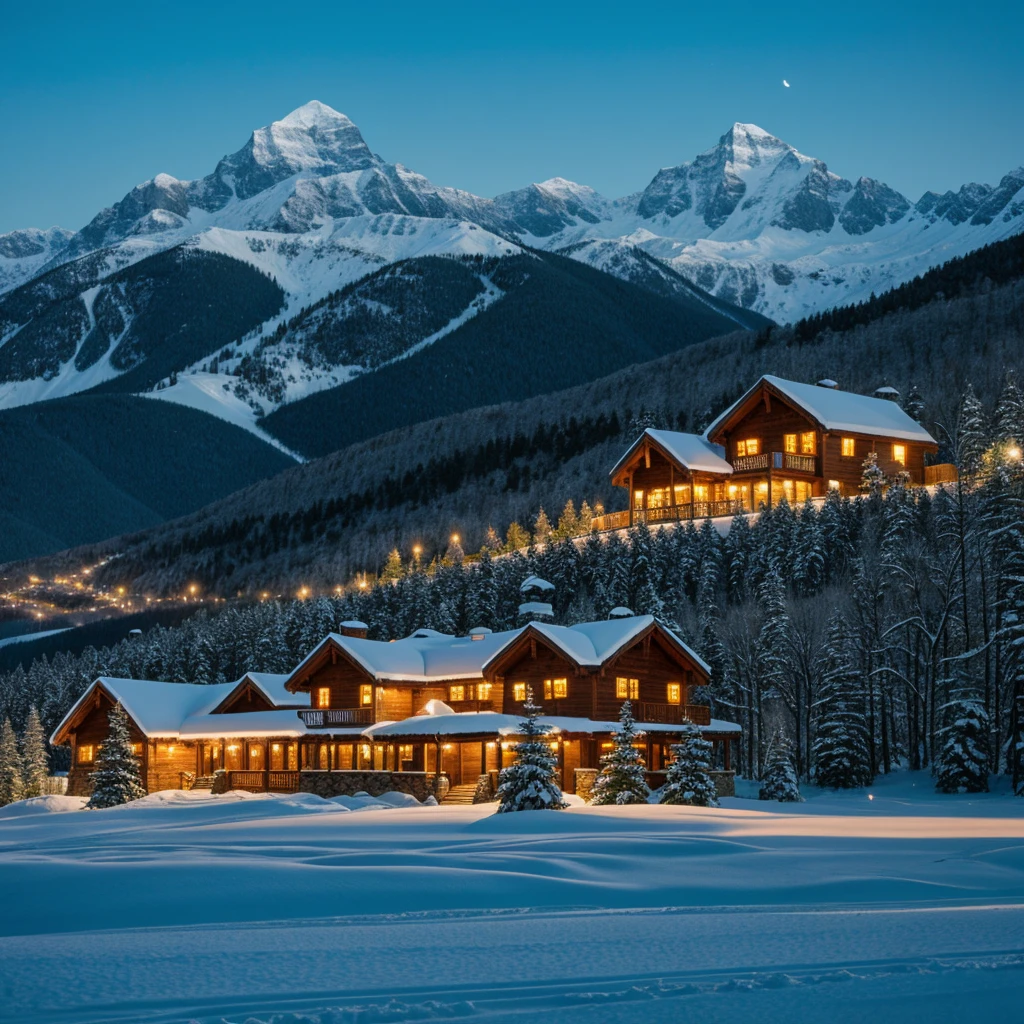 Snowy mountain landscape at night with beautifully decorated southern houses on the mountain