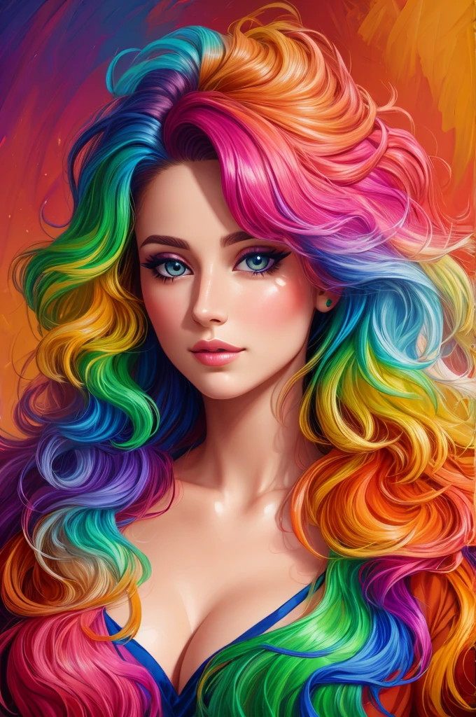 Colorful beautiful girl: a girl 28-years old, messy hair, oil painting, 8k resolution, complex, elegant, expansive, fantastical, wavy hair, vibrant, rainbow colours
