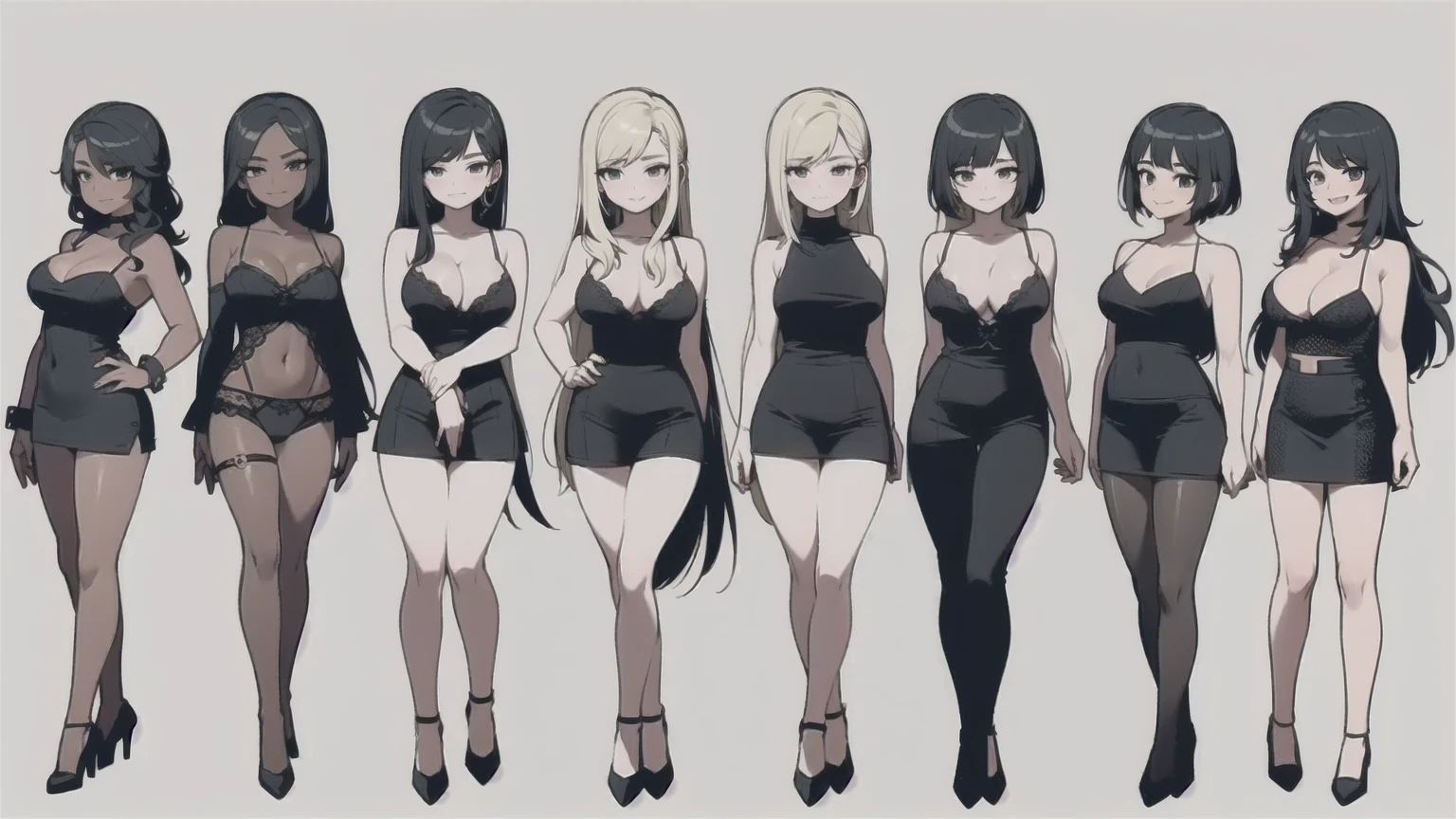 eight sexy women in lingerie with boy, happy smiles, various hair colors, portrait