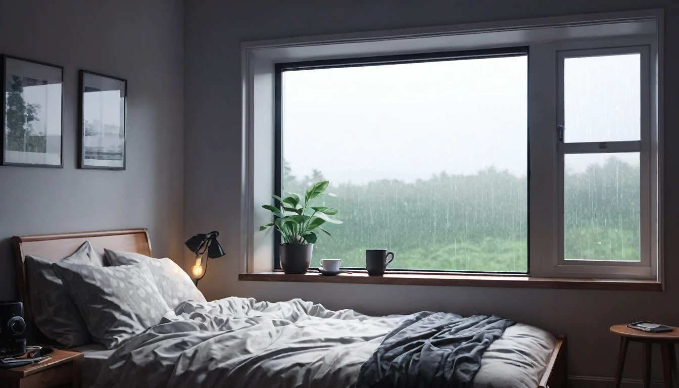 Lofi Song, sitting on the bed. looking at the window, having a coffee. listening to music on headphones, while looking out the window and seeing the rain falling