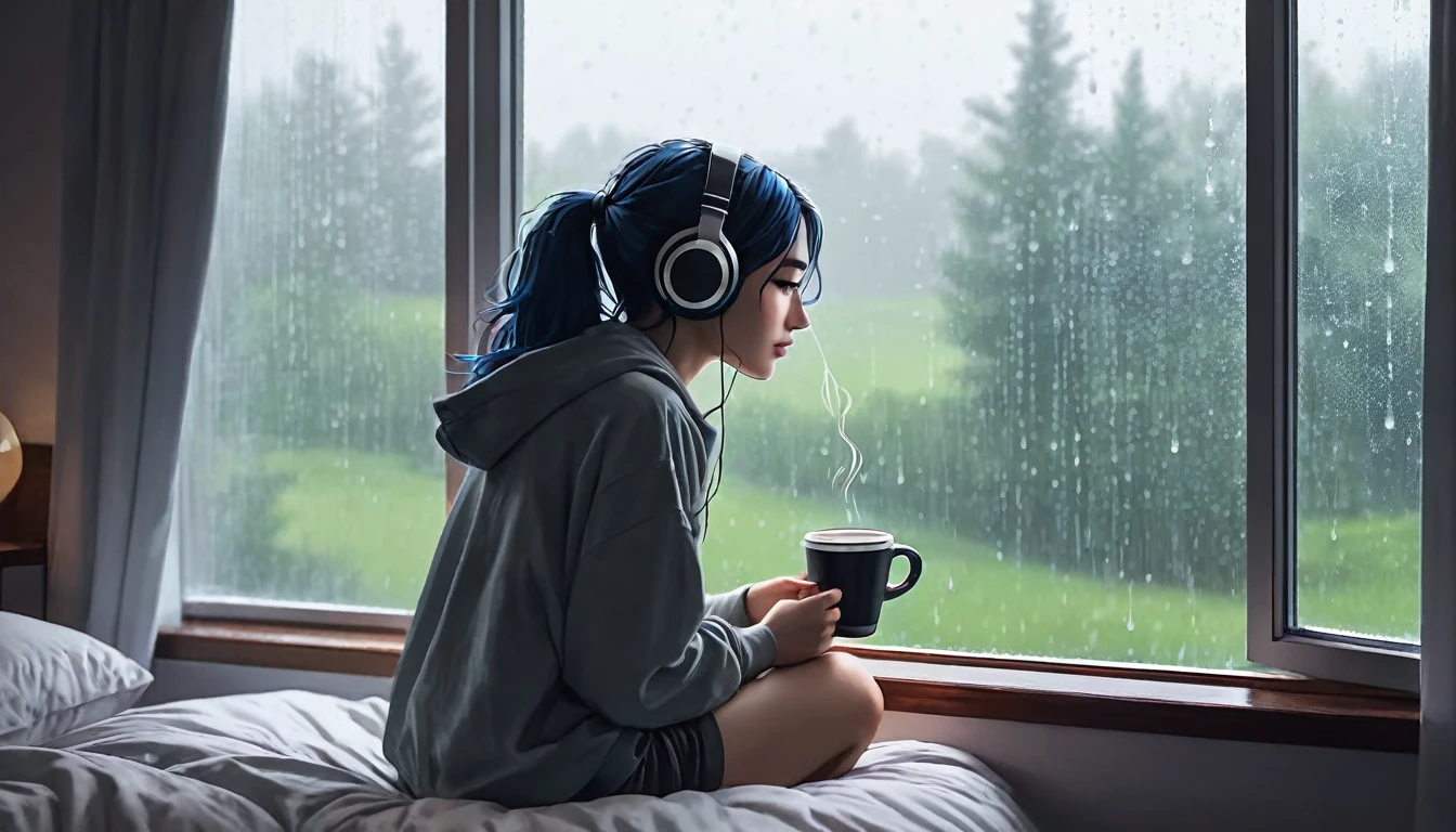 Lofi Song, sitting on the bed. looking at the window, having a coffee. listening to music on headphones, while looking out the window and seeing the rain falling