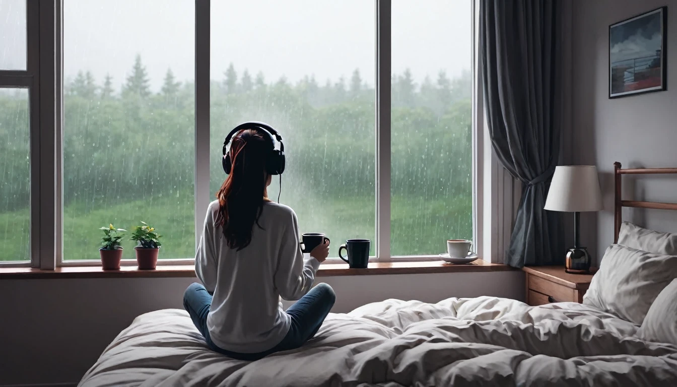 Lofi Song, sitting on the bed. looking at the window, having a coffee. listening to music on headphones, while looking out the window and seeing the rain falling