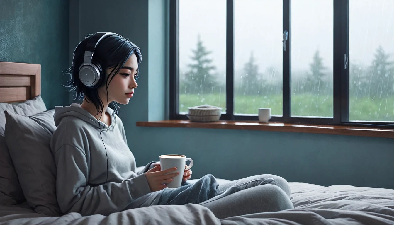 Lofi Song, sitting on the bed. looking at the window, having a coffee. listening to music on headphones, while looking out the window and seeing the rain falling