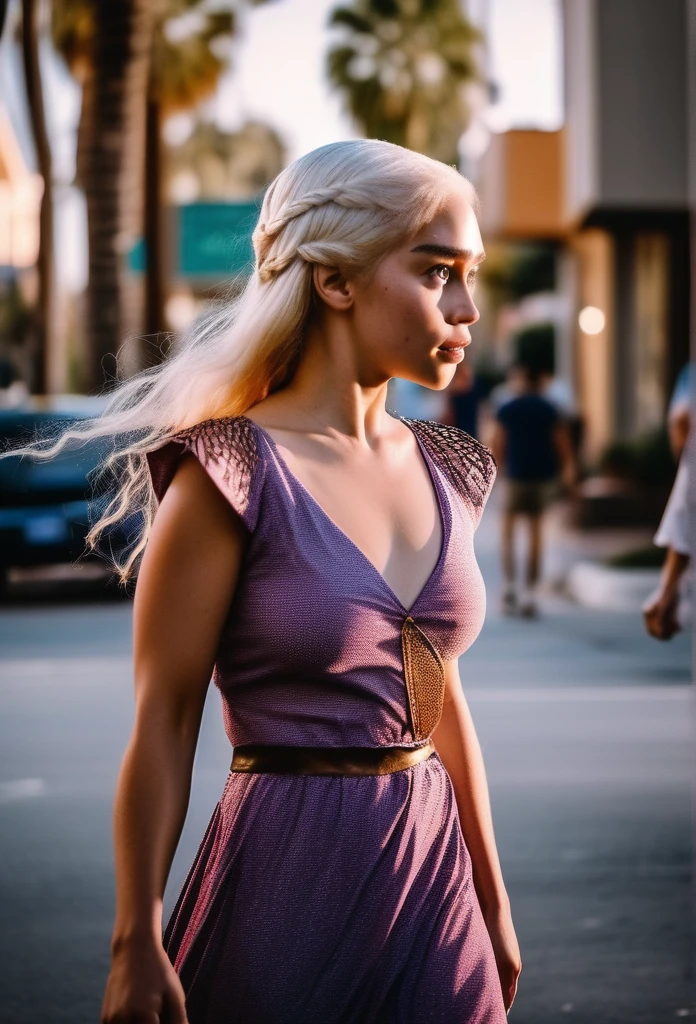 cinematic photo a vibrant (((ohwx Daenerys targaryen))) from La La Land, dancing through the streets of Los Angeles, her dreams of Hollywood stardom within reach., Hair in a blonde in braids, reflecting her vivacious spirit and artistic aspirations., . 35mm photograph, film, bokeh, professional, 4k, highly detailed