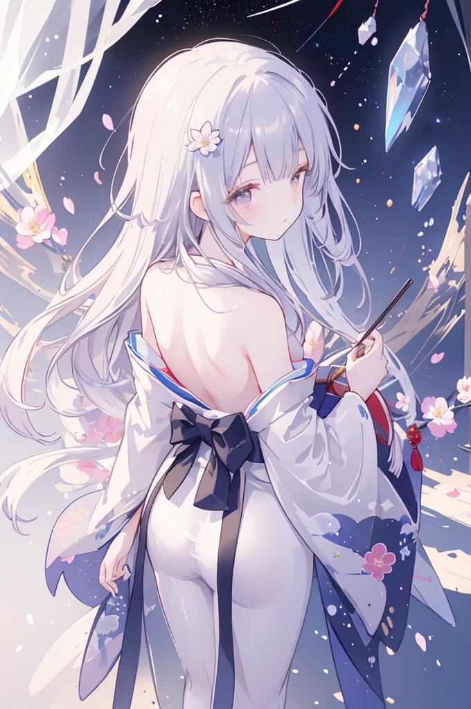 Ultra-delicate, Clear focus, (high resolution), Deformed depth of field blurred background, Detailed background, Perfect layer cutting, Atmospheric distance sense, artistic, (full-body shot/Cowboy shooting/Rear view/Top view/Top view), 8K, wallpaper, Micro light, complicated, familiar, black magician, particle, constellation, Stardust, universe, ((flower)), comfortable peace, peaceful, Japan, Himiko, kimono, With crystal, Fortune Telling, time and space,