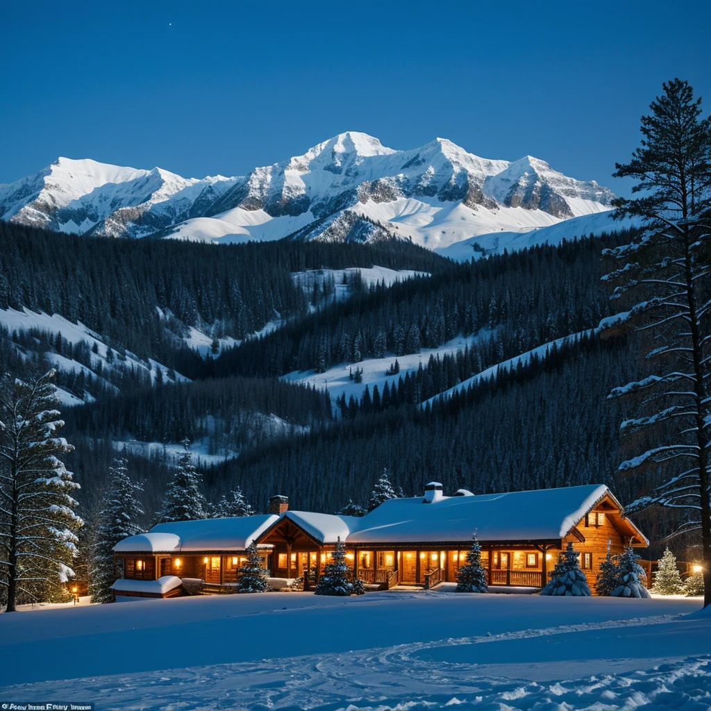 Snowy mountain landscape at night with beautifully decorated southern houses on the mountain
