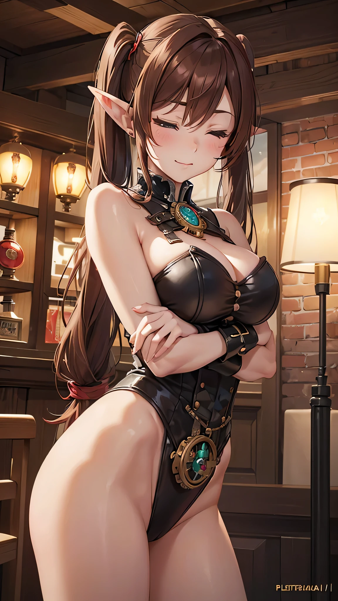 "((short steampunk corse)),((Mexicana peliroja, white skin)),((Twintail)),(1solo),(1 girl view),full_body, 1 girl view,female, young, , 70% nude, (long hair), ((red-light brown hair)), snowflakesdetailed cute anime face, ((pointy_ears, seductive pose, flirty with one eye closed)), (((medium_breasts, firm breasts))), (green-brown ligth eyes), random angle)":(all realistic intricate details)