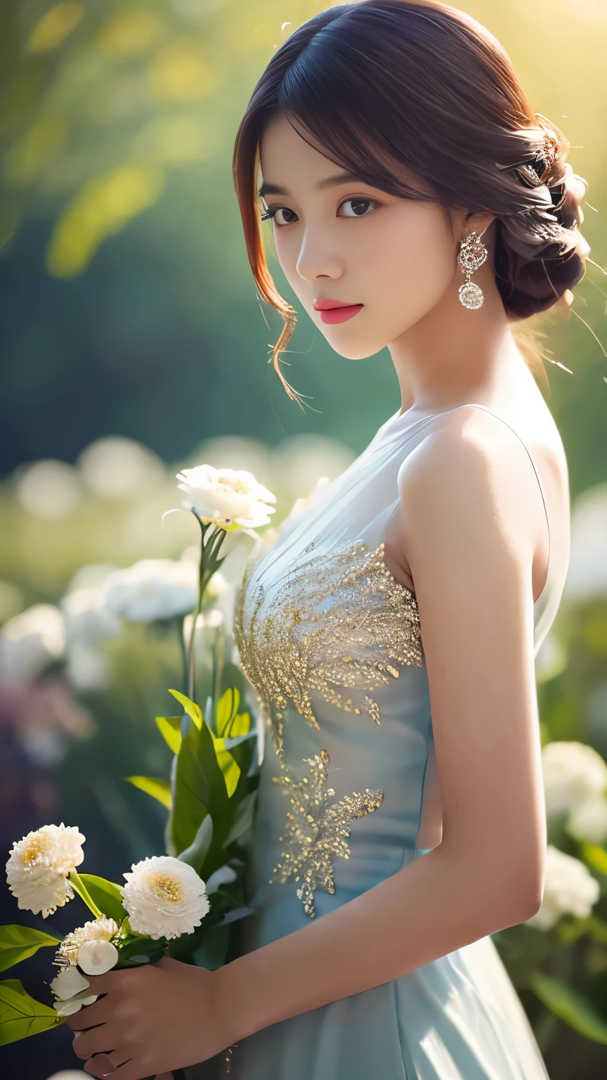 Myanmar girl big asyanmar Dress、Very detailed flower painting, Soft lighting effects, Cinematic look, Beautiful Hair