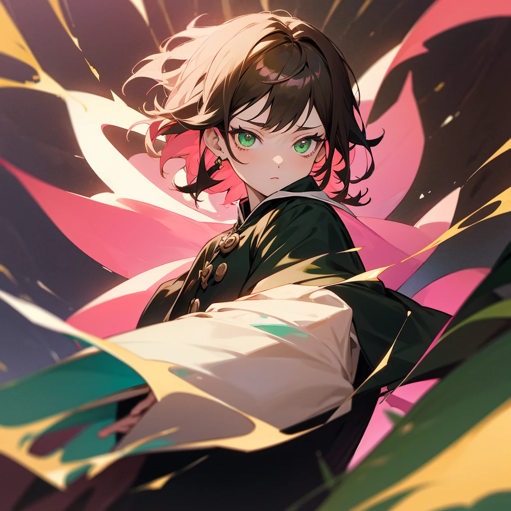 An Anime girl in black clover style with a black coat with short brown hair and pink highlights with green eyes