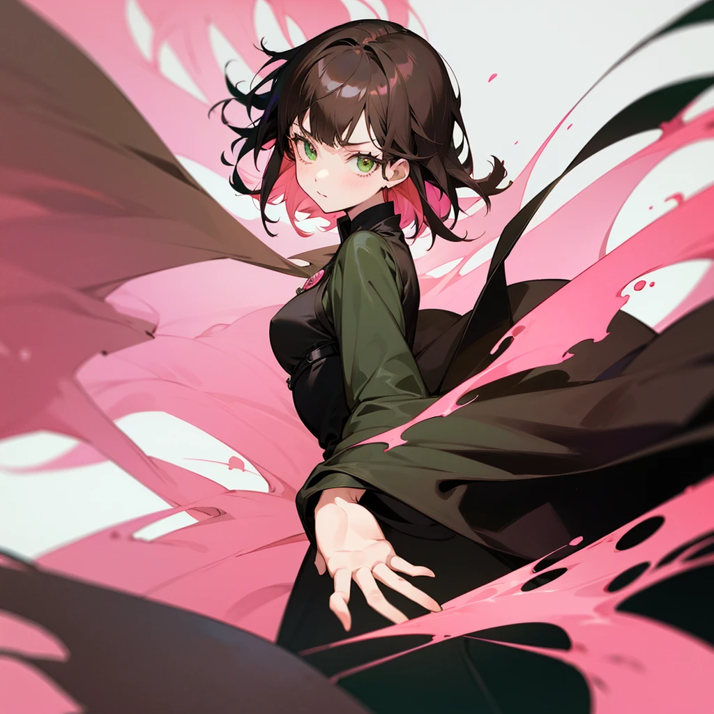 An Anime girl in black clover style with a black coat with short brown hair and pink highlights with green eyes