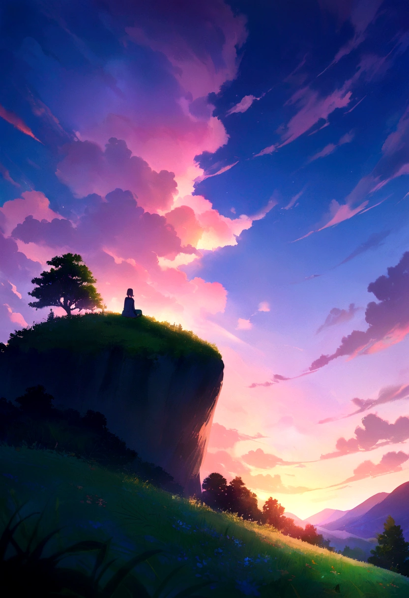 Gojo Satoru sitting on the top of a hill, watching the sunrise. The scene is peaceful, with vibrant colors of dawn illuminating the sky and the lush greenery of the hill. The tranquil environment and serene nature create a calming atmosphere. Detailed textures, vivid colors, ethereal lighting, hd quality
