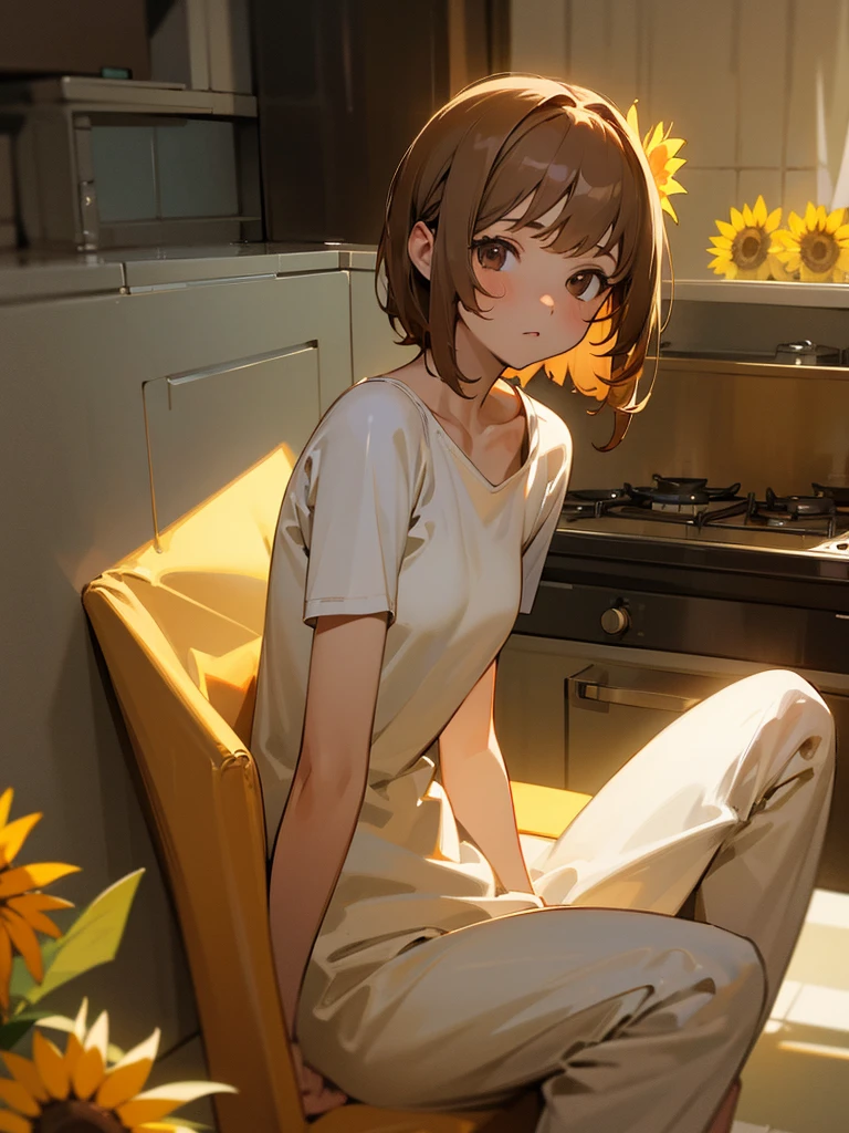 1girl, short light brown hair, brown eyes, wearing white sunflower pajamas, house, kitchen, absurdres, high res, ultrasharp, 8K, masterpiece