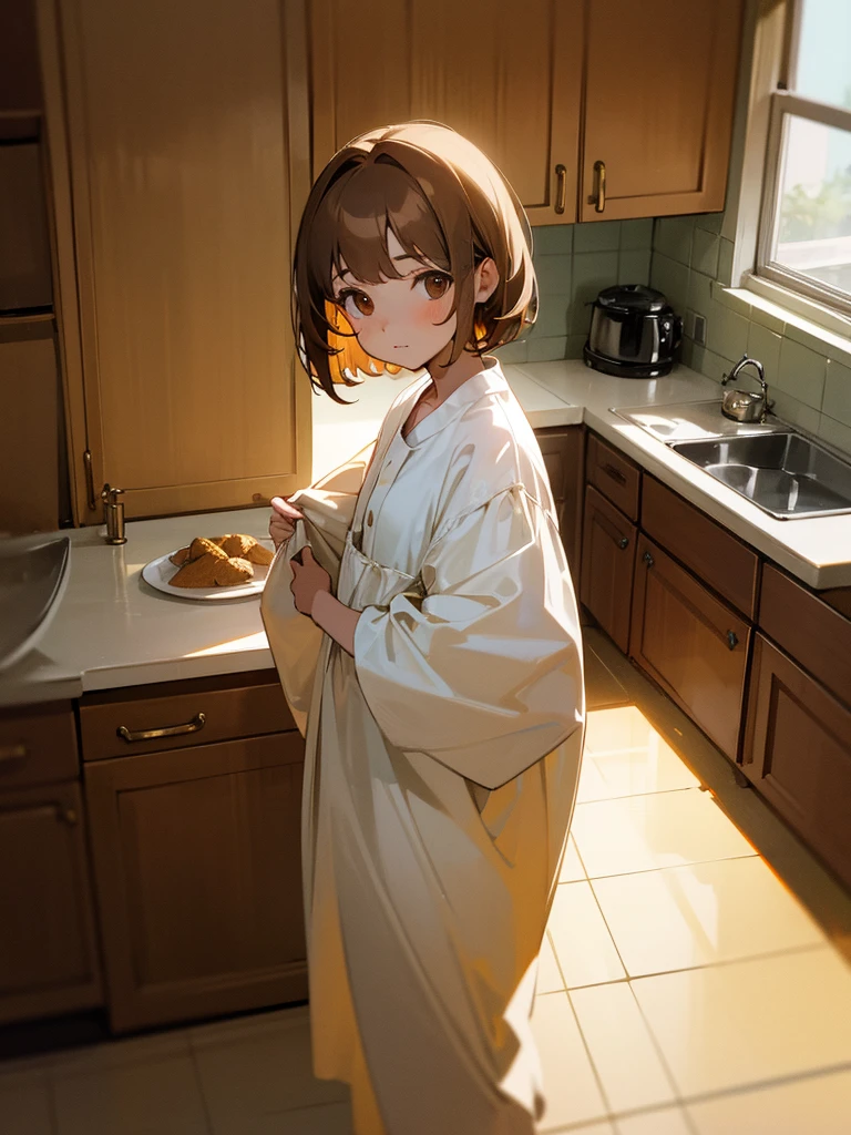 1girl, short light brown hair, brown eyes, wearing white sunflower pajamas, house, kitchen, absurdres, high res, ultrasharp, 8K, masterpiece