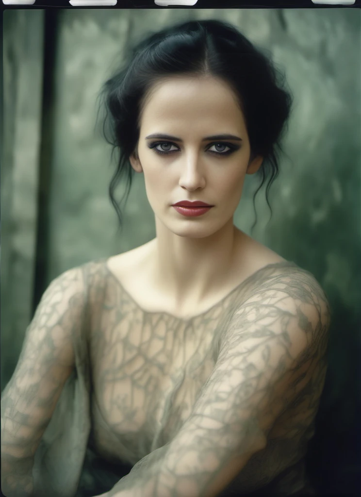 EvaGreen, [art by Jeff Easley,art by Tamura Yoshiyasu:8], photograph, intricate background, Expressive beefy Female, Algerian hair, Surprising, Yuccie Art, film grain, film camera, F/2.8, Lomography,  