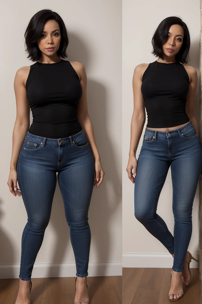 30 year old Latin lady, Skinny body, thin, sexy curves, hourglass curves, hourglass figure, hourglass body, short stature, Skinny body, short black hair, tight jeans, sheltered top, wide legs, small waist, shapely hips