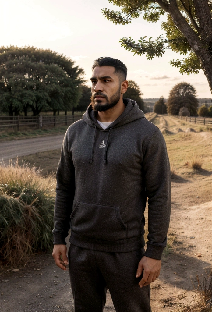 a latin man, 28 years old dark, without so much front, with medium comb over haircut, for the side and beard black, Warmly dressed in a hooded sweatshirt, he looks at the horizon and thinks about his entire life., 1 man on the scene in the distance, far has to be far, a countryside scene, and a gravel road. calm and peaceful composition, wide angle camera scene, contemplative scene, full body shot, sun and daylight, movie perspective, High Definition, photorealistic
