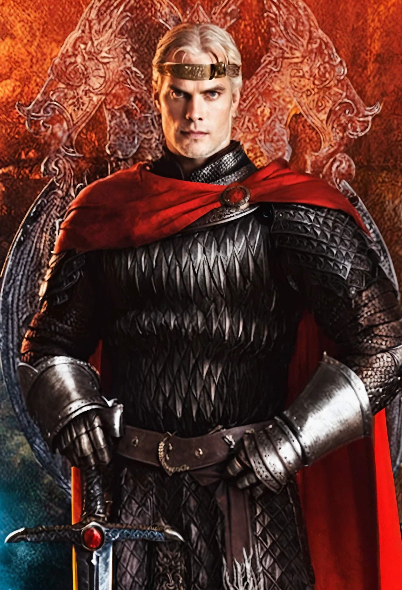 a close up of a man in armor with a sword, great king of stovokor, king arthur, henry cavill as arthas menethil, portrait of homelander, arsen lupin as a paladin, henry cavill as a warrior, son of sparda, he's very menacing and evil, silver armor and red clothing