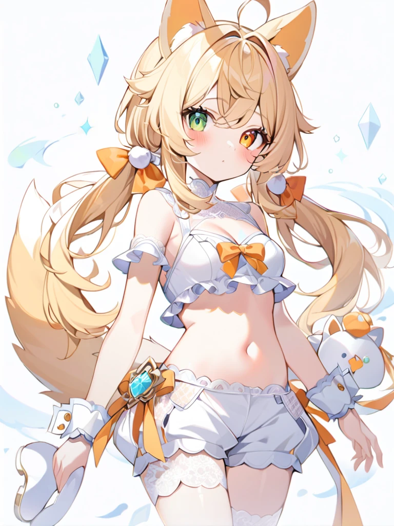 a girl with blonde hair standing in her undies with a knife, kudamaki tsukasa, 1girl, animal ears, tail, solo, fox ears, fox tail, romper, fox shadow puppet, full body, mandarin collar, short hair, black background, blonde hair