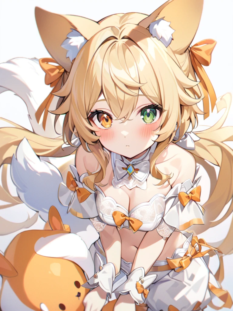 1girl, animal ears, bangs, bare shoulders, blonde hair, blush, bow, breasts, white cleavage, cropped torso, , green eyes, hair ribbon, heterochromia,  stlooking at viewer, , orange bow, orange eyes, orange ribbon, ears like an unearthly animal, fluffy tail, light tail, real tail, ribbon, solo, stuffed animal, stuffed bunny, stuffed toy, twintails, upper body, full-length, white legbands, white shoes with lace and white bows, white background, wrist cuffs, yellow eyes, bloomers, close-up, fair skin frills, lace, midriff, skirt, solo, , white background,shorts, white top with ribbon and lace and trousers,trousers, genshin,white slippers with a bow,All clothes are white, laceAt full height, it stands, в полный рост