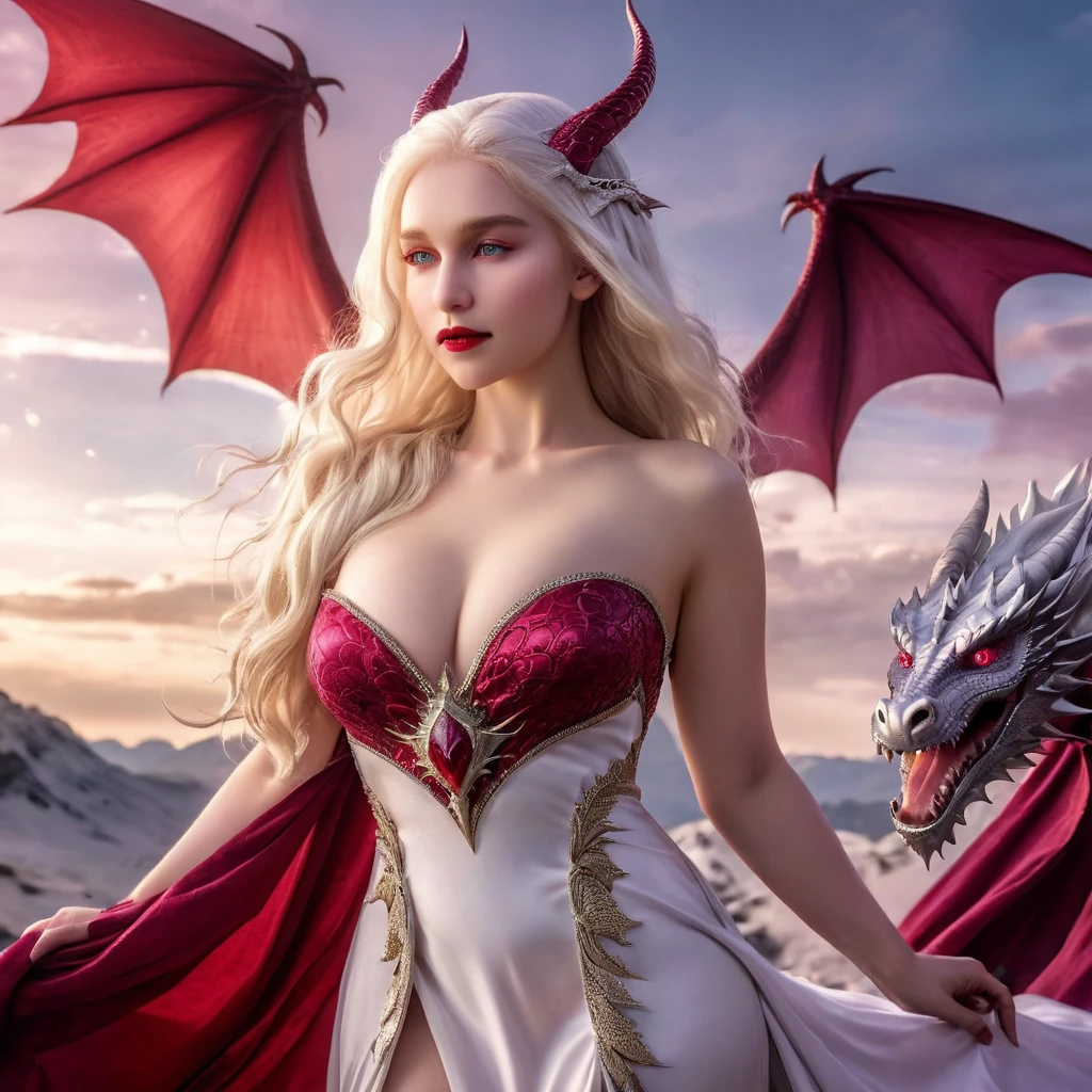 Queen of the White Dragon, young woman, "EMÍLIACLARKE", elegant Ruby dress, large breast, Curvy, hair blonde targaryen, Super Long Hair, soft facial features, White dragon horns on his head, majestic woman, silver decoration on her Ruby dress, Silver Star Queen, Big violet eyes, nud lips, White dragons, starly sky