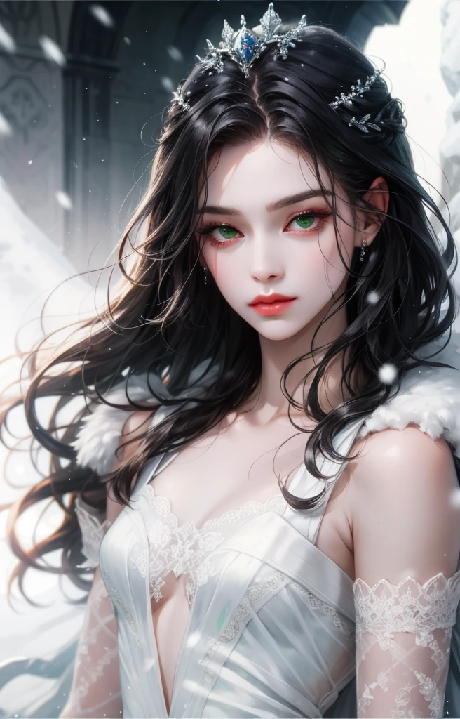 1woman, long hair, black hair, green eyes, sharp and big eyes, skin white as snow, small face, full lips, unreal beautiful, ethereal, soft face, majestic, princess.