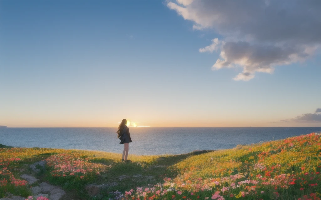 masterpiece,best quality,extremely fine and beautiful,perfect detailed,best illumination,best shadow,an extremely delicate and beautiful,HDR,(Cloud gap light:1.2),bloom,Chromatic Aberration,Photorealistic,extremely detailed,
The picture shows a rugged,wind-beaten cliff that looks like a headland and cliff.There were a vibrant field of flowers at the headland,a young girl stands on a cliff at the edge of a promontory,looking down on the vast sea from above,wearing grace detailed clothes,a gentle breeze stirring her hair,hair blowing with the wind,skirt blowing with the wind.Mystical nature,sunlight casting a warm glow on her hair.,
She gazes out to sea with endless yearning and unwavering faith in her heart,and the seasons around her change,and time passes from spring to winter. Against the backdrop of a dramatic and lonely landscape,the atmosphere is a blend of hope and melancholy,and the girl's expression reveals deep longing and sadness.,Night time, star sky, looking out the window, realistic