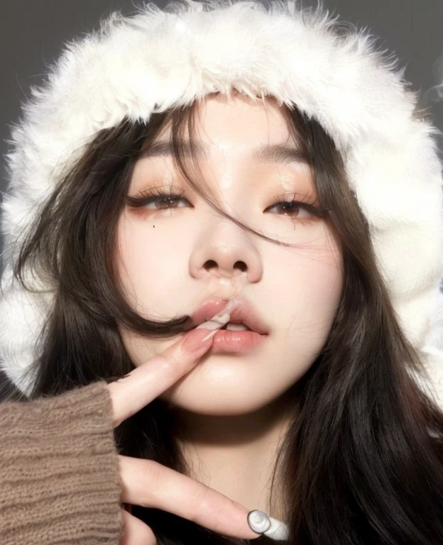 araffe with a white hat and a cigarette in her mouth, wan adorable korean face, ulzzang, blackpink jennie, jimin\'s plump lips, profile pic, park ji-min, heonhwa choe, young adorable korean face, taejune kim, with cute - fine - face, jinyoung shin, korean girl, sun yunjoo