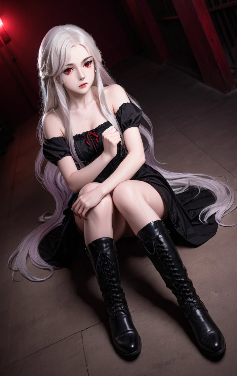 Girl, 20 years old, with long white hair down to below her waist, a serious yet tender expression, and red eyes. Her hair features black streaks. She wears antique-style clothing, a long black dress with a slit on the legs, and high black boots that almost reach her knees. Her power and background are related to shadows and darkness. dark escense, figth stance