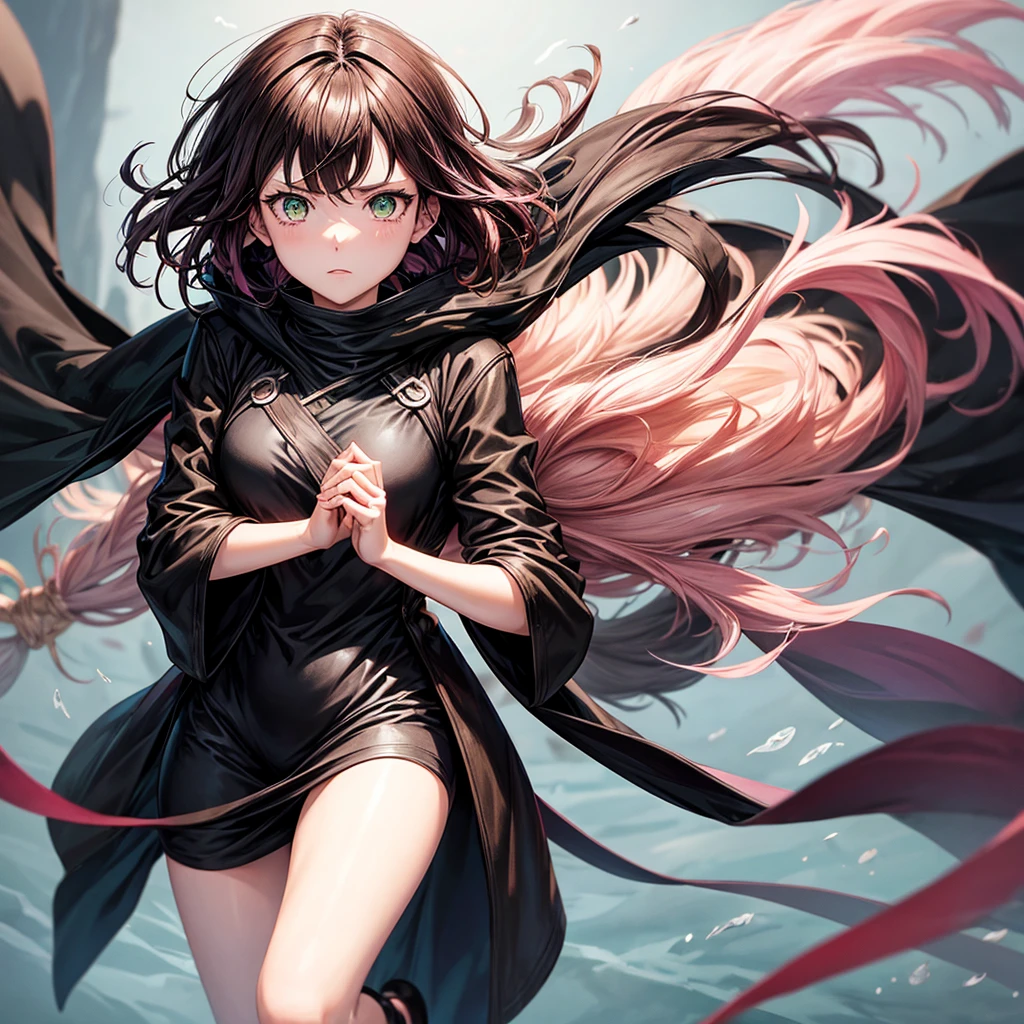 An Anime girl in black clover style with a black coat with short brown hair and pink highlights with green eyes