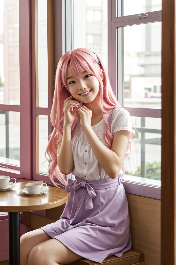 An anime teen girl sitting behind the mirror window in cafe restaurant. A girl has pink hair, dressing korean fashion, feeling in love and blush. Her another hand is in her chin and the another hand is in table. She is looking away. She is smiling slightly.