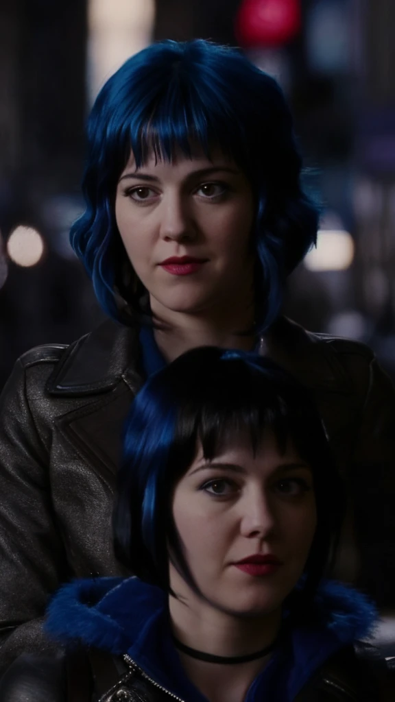 a picture of (ohwx woman:1.1), blue short bob hair,realistic, photorealistic, detailed skin, surface scattering, bokeh, skin pores,  city streets,wearing a jacket,outdoors, looking at viewer,detailed face,subtle smile, Ramona flowers  hair,with blue hair  