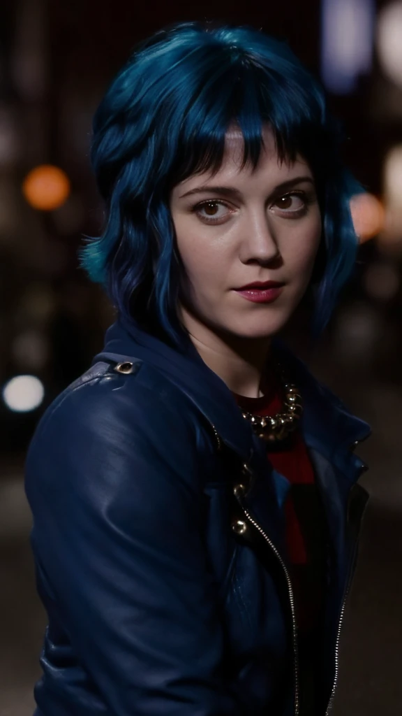 a picture of (ohwx woman:1.1), blue short bob hair,realistic, photorealistic, detailed skin, surface scattering, bokeh, skin pores,  city streets,wearing a jacket,outdoors, looking at viewer,detailed face,subtle smile, Ramona flowers  hair,with blue hair  