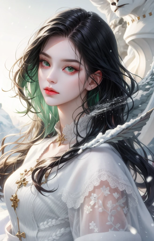 1woman, long hair, black hair, green eyes, sharp and big eyes, skin white as snow, small face, full lips, unreal beautiful, ethereal, soft face, majestic.
