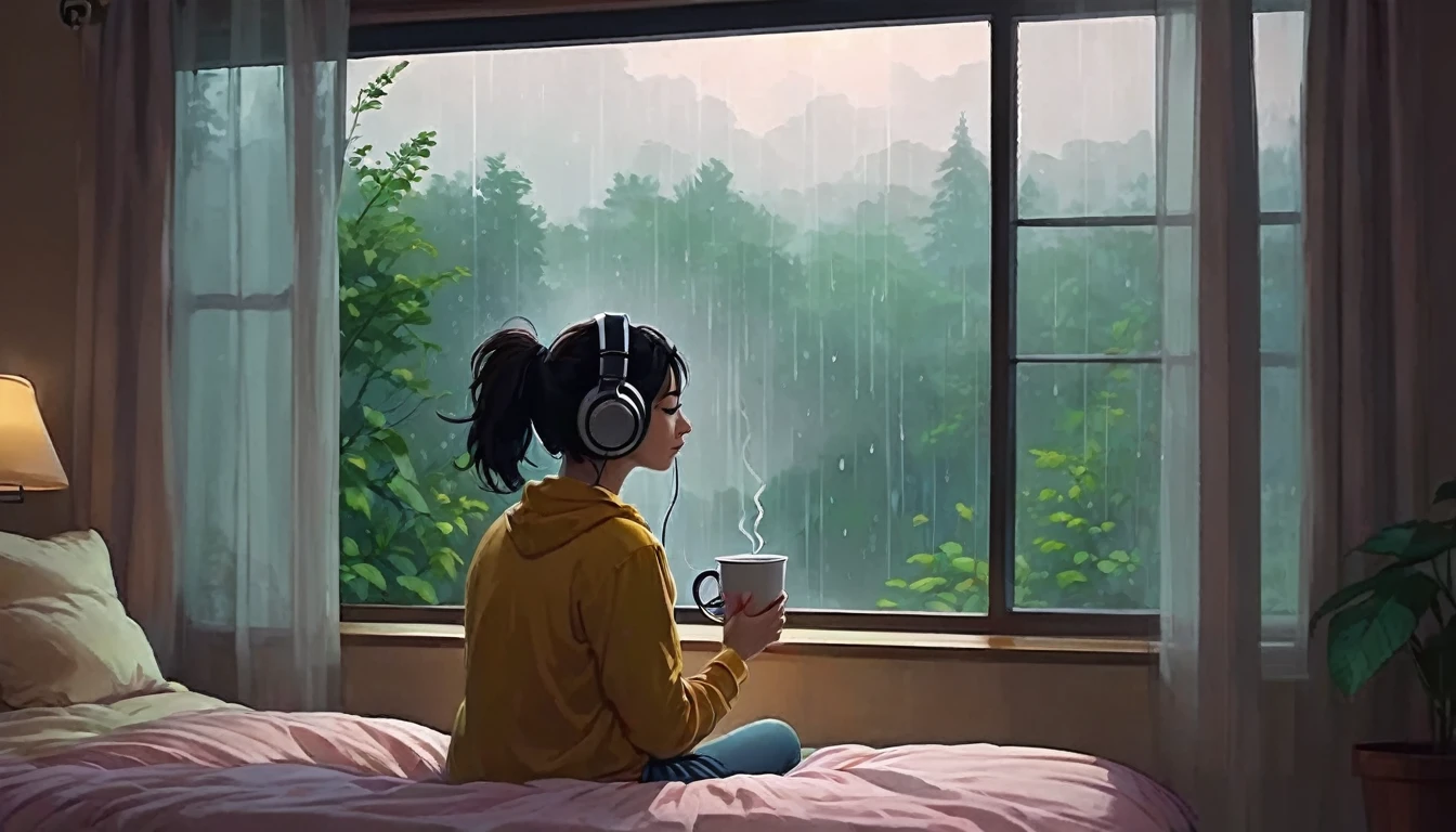 Lofi Song, sitting on the bed. looking at the window, having a coffee. listening to music on headphones, while looking out the window and seeing the rain falling