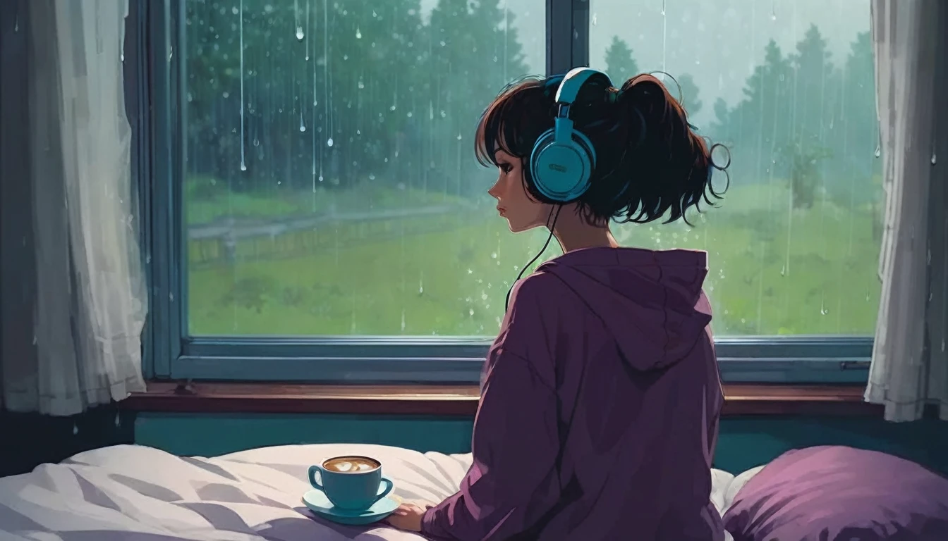 Lofi Song, sitting on the bed. looking at the window, having a coffee. listening to music on headphones, while looking out the window and seeing the rain falling