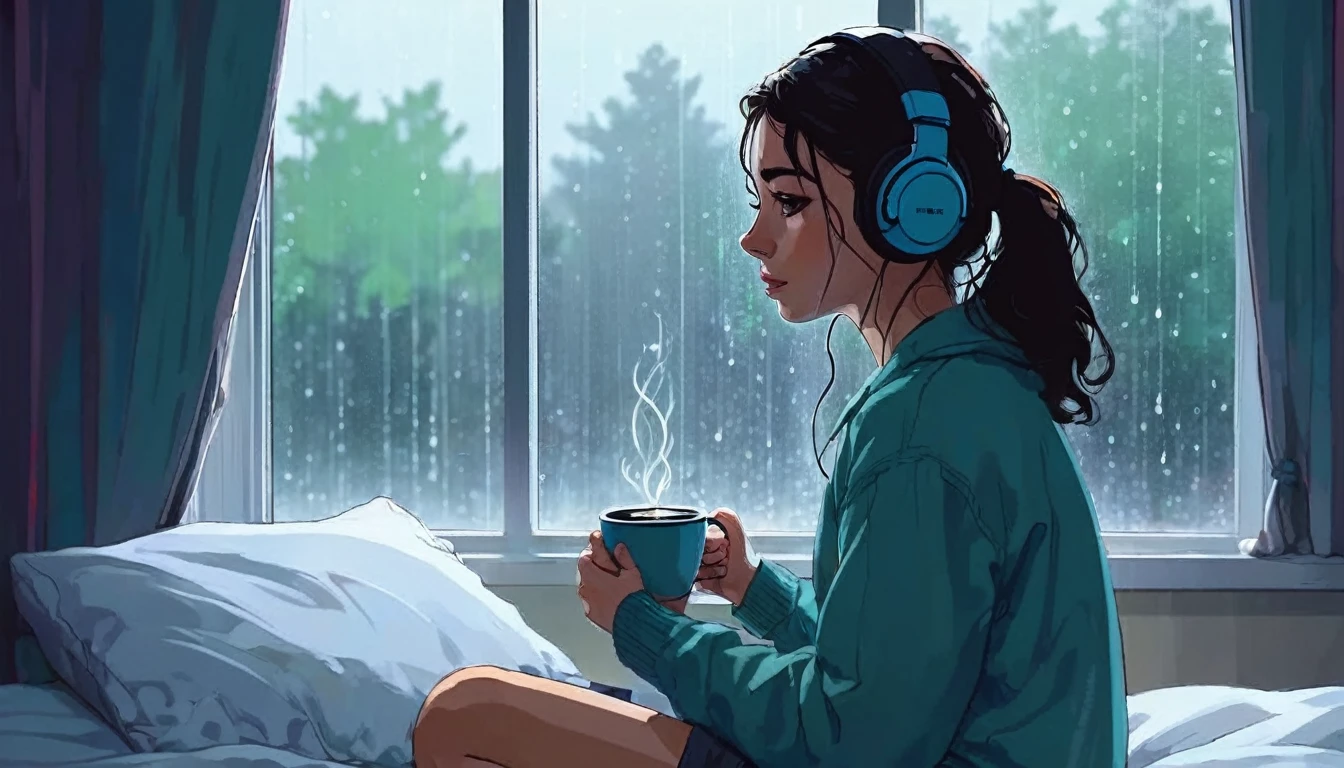 Lofi Song, sitting on the bed. looking at the window, having a coffee. listening to music on headphones, while looking out the window and seeing the rain falling