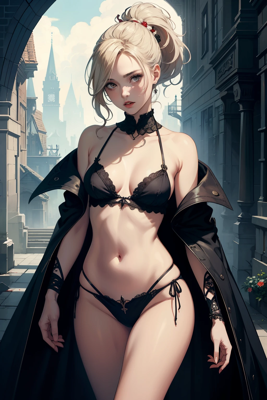  ((best quality)), ((masterpiece)), (detailed), 1girl, NSFW, small breasts, prominent collarbones, skinny arms, flat stomach, visible hip bones, long hair, red hair, white hair, blonde hair, dark hair, ponytail, thick ponytail, heavy ponytail, red and white clothing, Bloodborne inspired, occult aesthetic, occult, detailed and intricate steampunk and detailed gothic