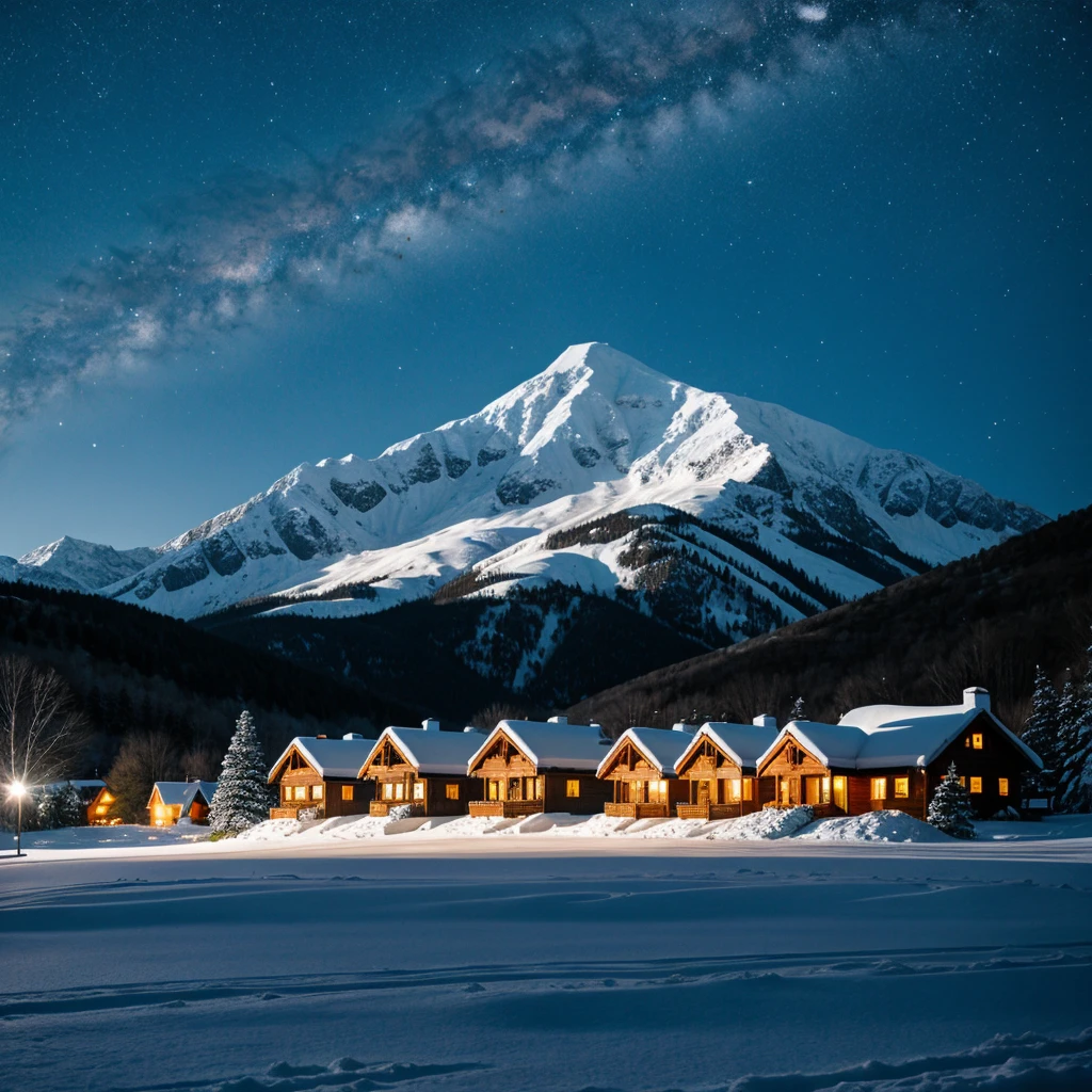 Snowy mountain landscape at dark blue night sky with beautifully decorated southern houses on the mountain