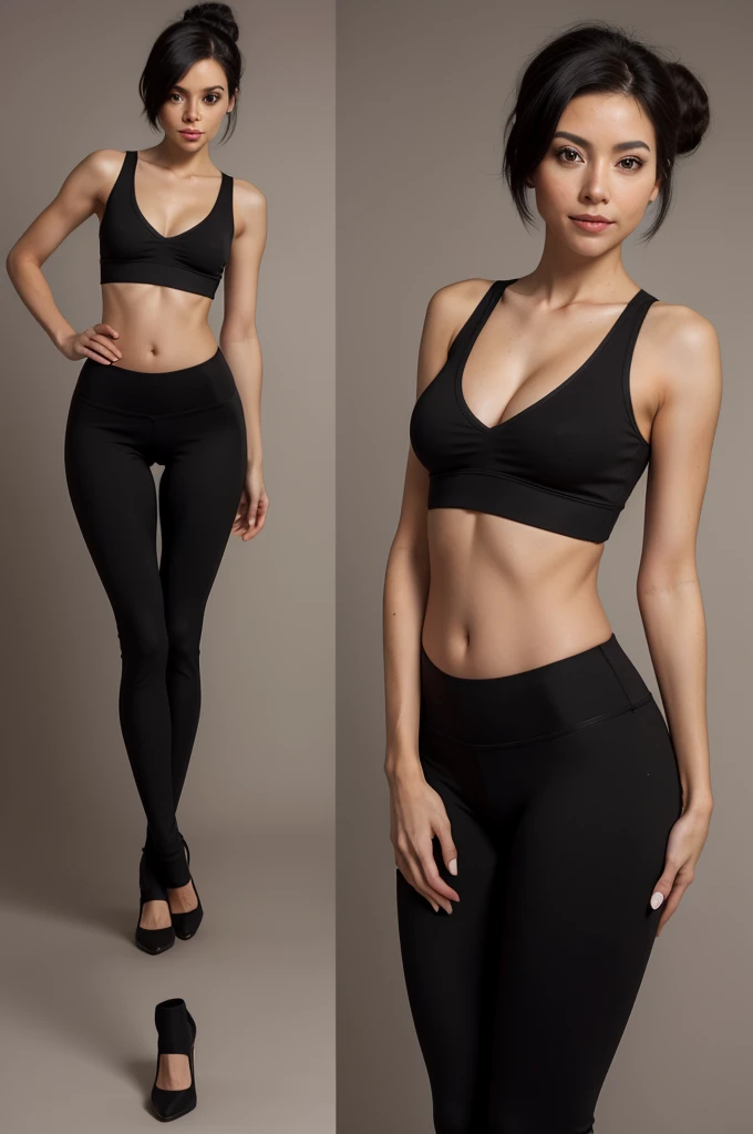 30 year old Latin lady, Skinny body, thin, sexy curves, hourglass curves, hourglass figure, hourglass body, short stature, Skinny body, short black hair, hair with bun, tight wool pants, sheltered top, wide legs, small waist, shapely hips