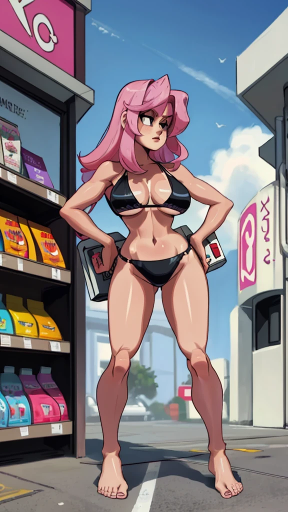 Masterpiece, best quality, Masterpiece, best quality, 1 woman , pink hair , long purple eyes , sly face , black bikini , big breasts , abdomen , Long legs , Put your hands on your hips..... , Barefoot , full body , convenience store ,