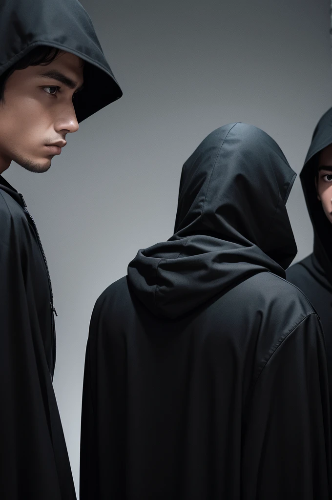 Four men in black all facing away, hooded black background