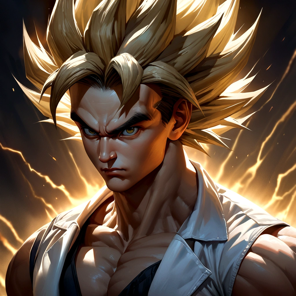 a perfect art of Son Goku as a super saiyan enveloped in energies and yellow rays, serious expression, Well-defined muscles, realistic shadow, incredible details, perfects eyes, perfect hands, complete body, ((Dentist clothing)), Dark sky in the background.