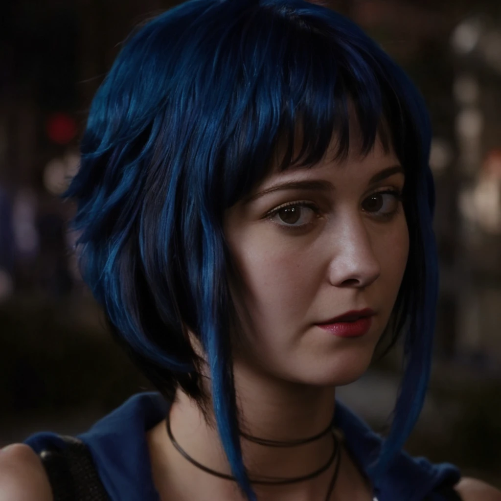 a picture of (ohwx woman:1.1), blue short bob hair,realistic, photorealistic, detailed skin, surface scattering, bokeh, skin pores,  city streets,wearing a jacket,outdoors, looking at viewer,detailed face,subtle smile, Ramona flowers  hair,with blue hair  