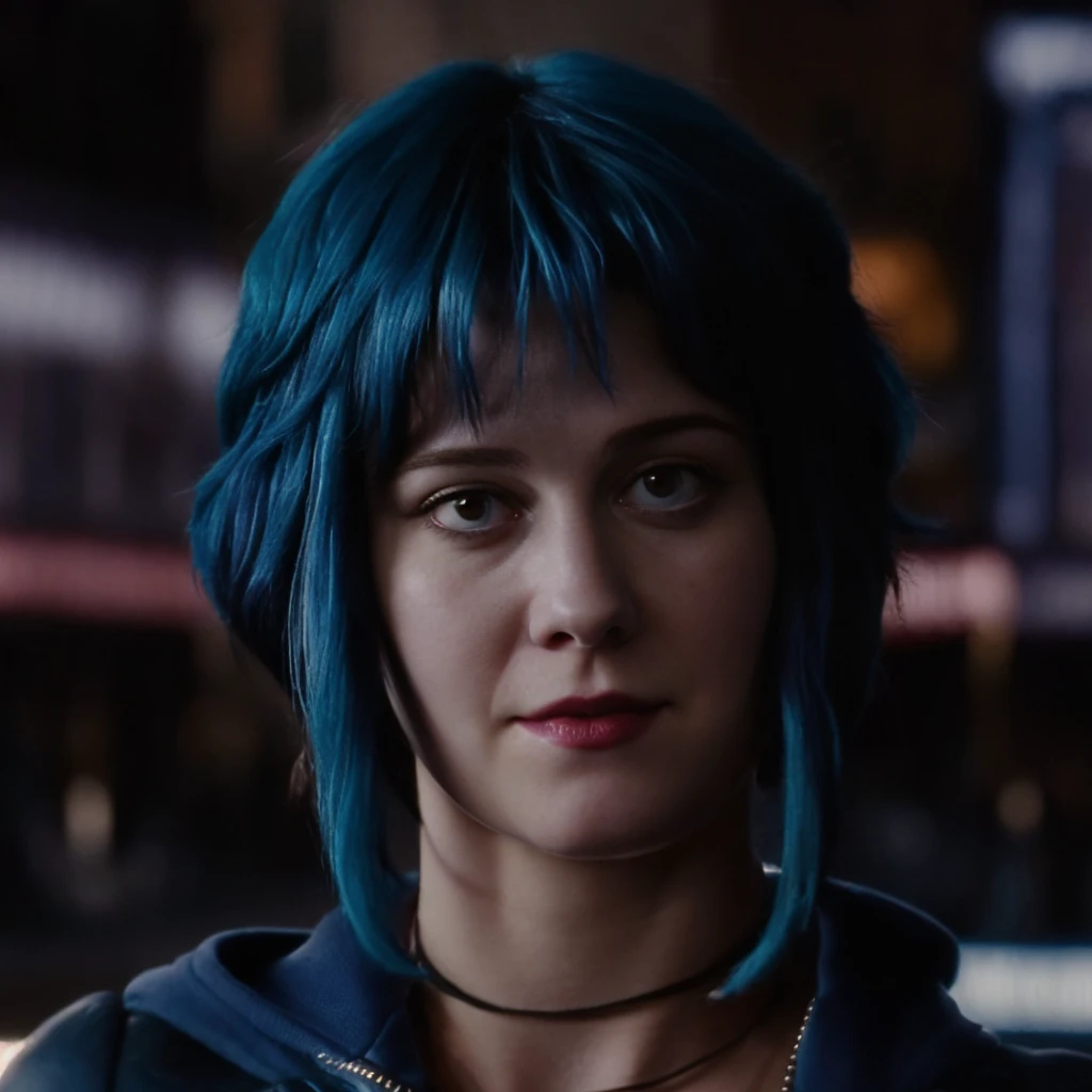 a picture of (ohwx woman:1.1), blue short bob hair,realistic, photorealistic, detailed skin, surface scattering, bokeh, skin pores,  city streets,wearing a jacket,outdoors, looking at viewer,detailed face,subtle smile, Ramona flowers  hair,with blue hair  